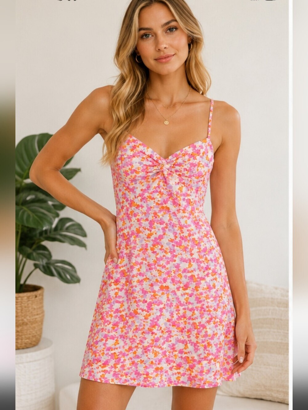 Mango Maison Mangostan Floral Twist Front Mini Dress Size 6 Pink Orange